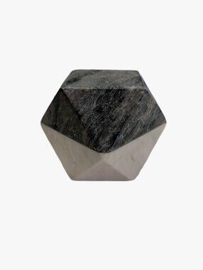 Small Black Marble Cube Two-Toned Hexagon Geometric Sculpture with White Accent